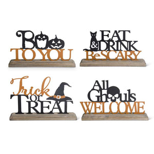 Tin Cut-Out Halloween Message on Wooden Stand