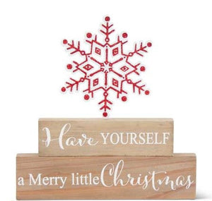 Brick Tabletop Sign with Red Cutout Glittered Snowflakes