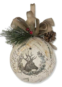 5" Round Papier Mache Bauble with Deer Head & Wreath