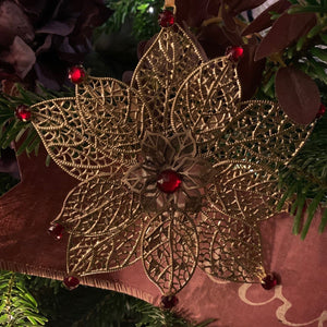 6" Gold Metal Filigree Ornament with Red Jewels - Single Flower