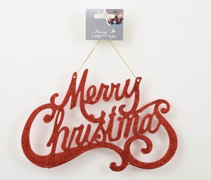 Red Glitter "Merry Christmas" Cutout Wooden Hanging Sign