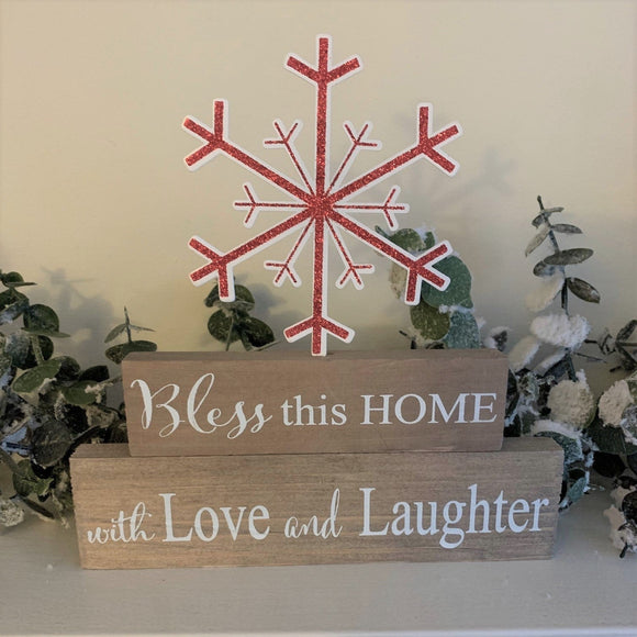 Brick Tabletop Sign with Red Cutout Glittered Snowflakes