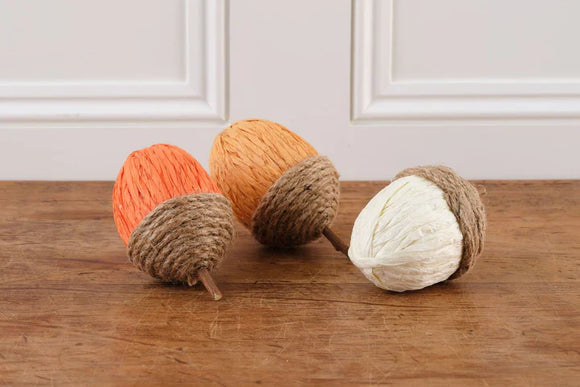 Set Of Three Rope & Paper Acorns, in Cream, Orange and Yellow