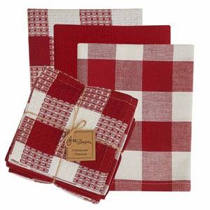 Wicklow Check 3 Tea Towel & 1 Dishcloth Set, Red and White