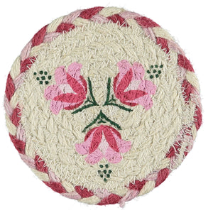 Set of 6 Braided Coasters in Basket, Pink Lily - 4"